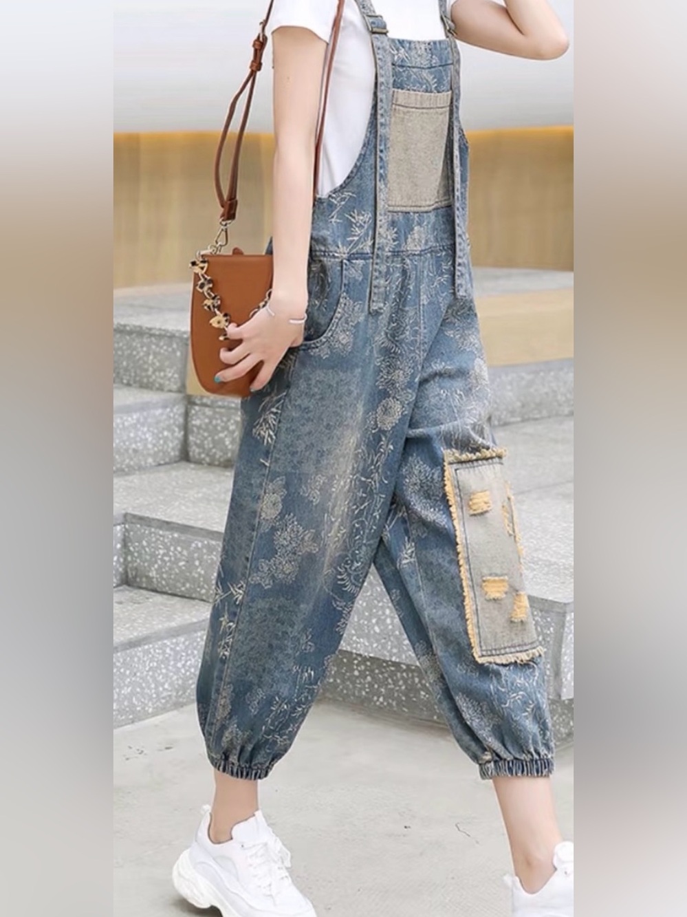 Denim Floral Print Women’s Overalls - Blue